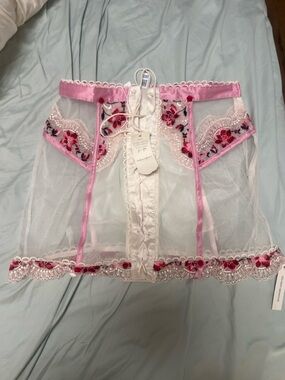 Sheer Embroidered Pink Floral Garter Belt